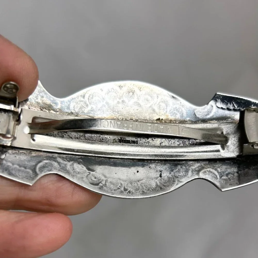 Sterling 925 Silver, Stamped Hair Clip w/ Rose Quartz Cabochons 3.75